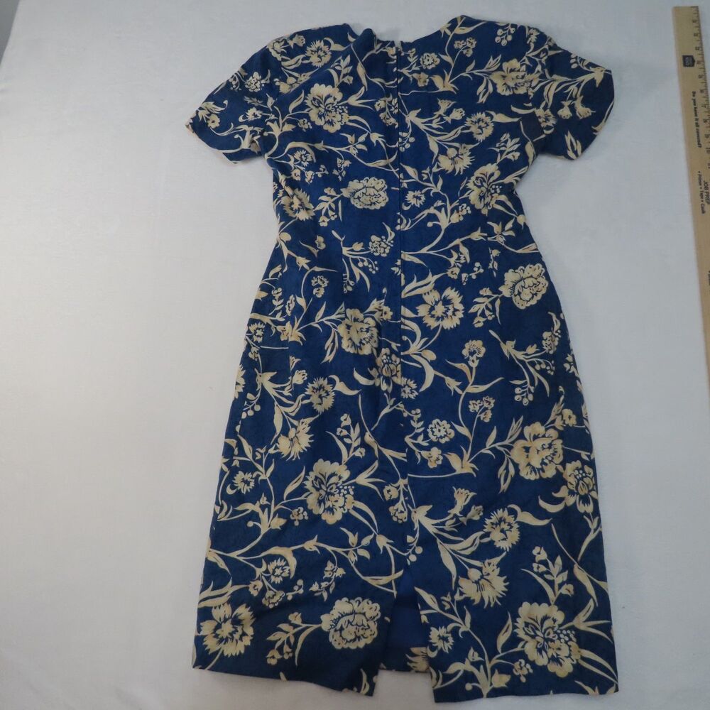 Maggy London by Kenneth Nolan Royal Blue Ivory Floral Sheath Dress Sz4 Linen/cot